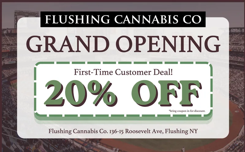 Queens dispensary grand opening EDDM mailer with 20% off first-time customer coupon