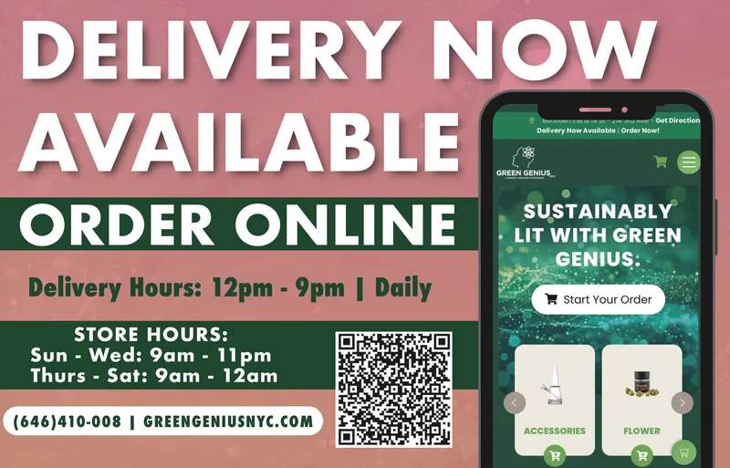 NYC dispensary delivery EDDM mailer with QR code ordering and store hours