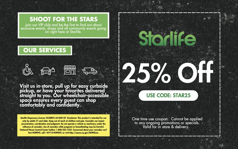 NYC dispensary EDDM mailer with 25% off coupon code and VIP club invite