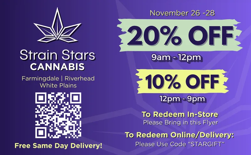 NYC dispensary holiday EDDM mailer with 20% and 10% off tiers plus free delivery